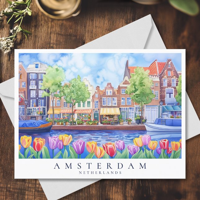 Amsterdam Canal & Tulips Watercolor Travel Postcard (Amsterdam Canal & Tulips Watercolor Travel Postcard)