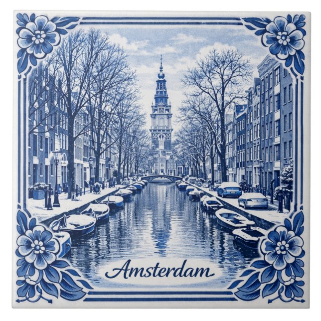 Amsterdam canal winter Delft Blue style tile (Front)