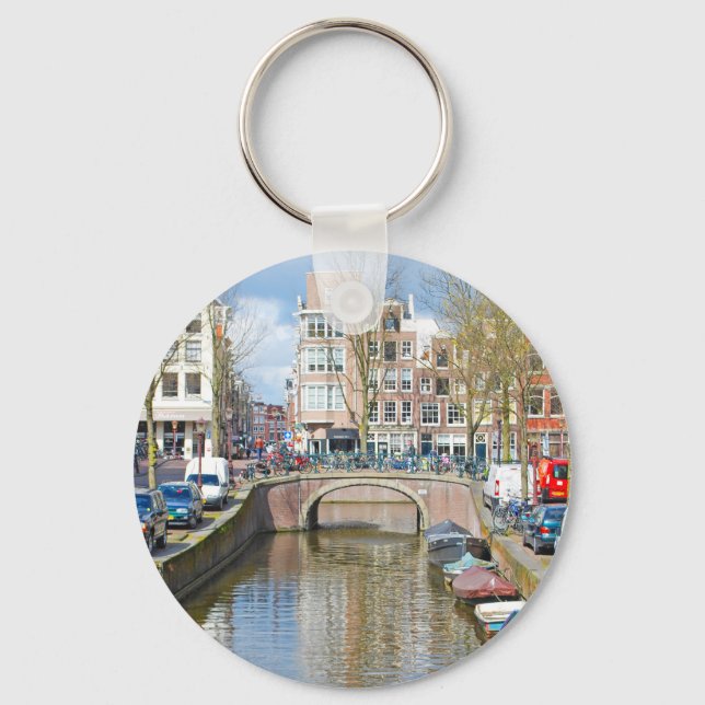 Amsterdam Canal with boats Key Ring (Front)