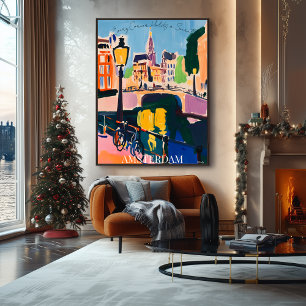 Amsterdam Canals and Bicycles in Fauvist Artistic  Poster