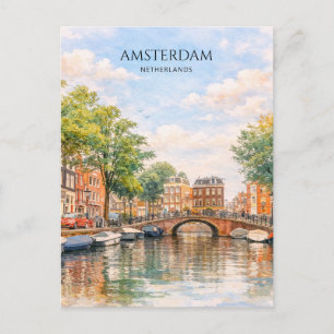 Amsterdam Canals Watercolor City  Holiday Postcard