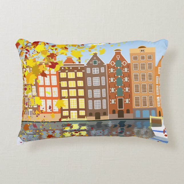 Amsterdam City Canal Autumn Colourful Accent Pillo Decorative Cushion (Front)