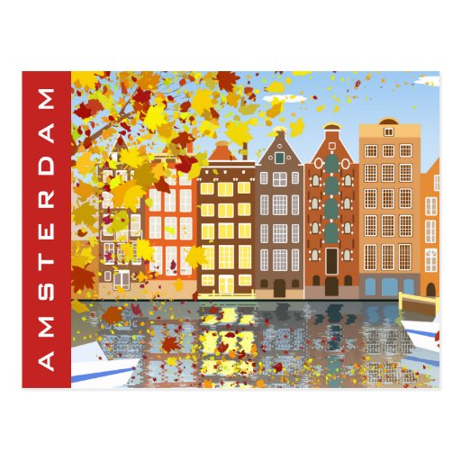 Image of Amsterdam City Canal Autumn Colourful Postcard