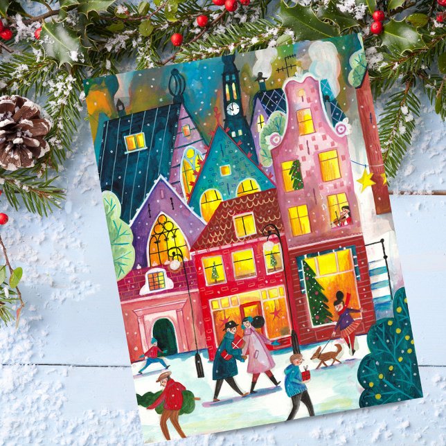Amsterdam city in the snow illustration Christmas  Holiday Postcard (Amsterdam city in the snow illustration Christmas Holiday Postcard)