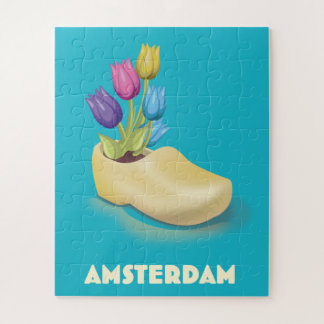 Amsterdam Cloggs and Tulips travel poster. Jigsaw Puzzle