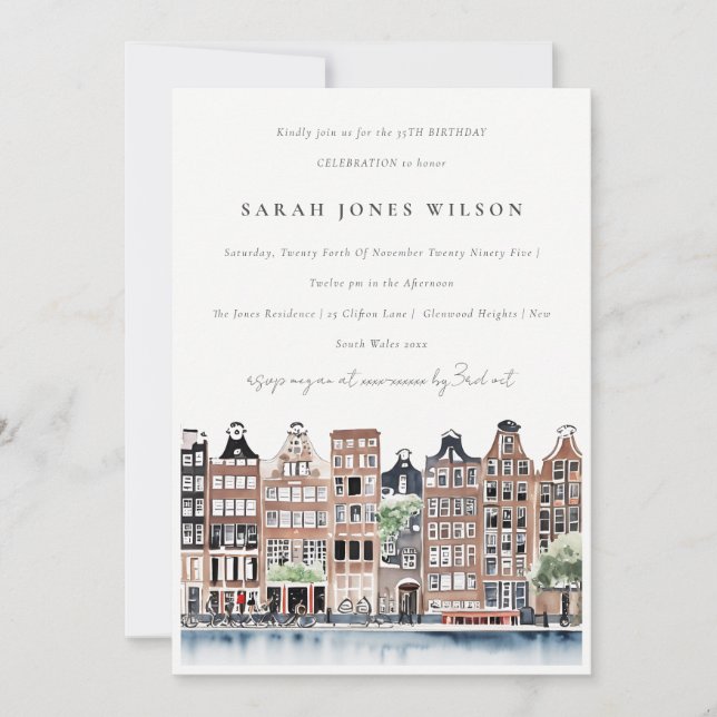 Amsterdam Dutch Canal Landscape Any Age Birthday Invitation (Front)