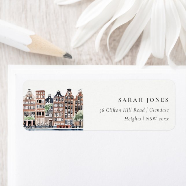 Amsterdam Dutch Canal Watercolor Landscape Address (Insitu)