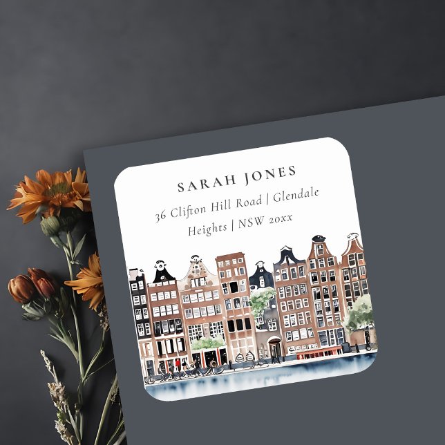 Amsterdam Dutch Canal Watercolor Landscape Address Square Sticker (Creator Uploaded)