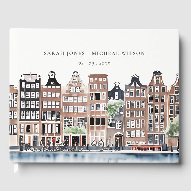 Amsterdam Dutch Canal Watercolor Landscape Wedding Guest Book (Front)