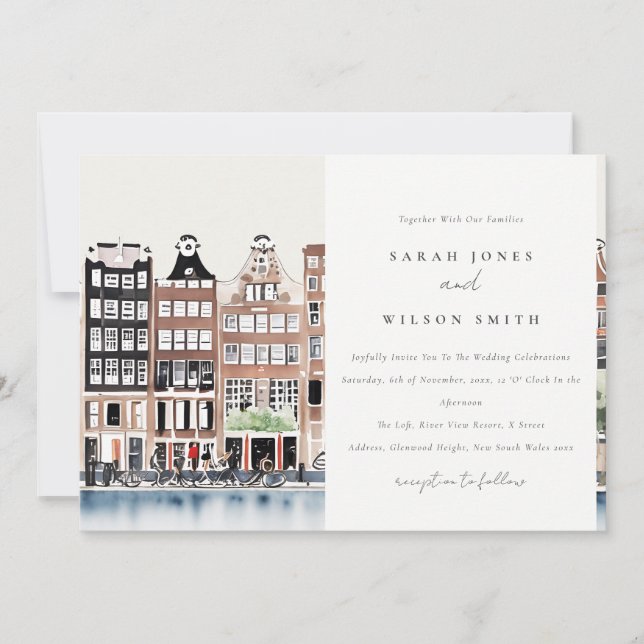 Amsterdam Dutch Canal Watercolor Landscape Wedding Invitation (Front)