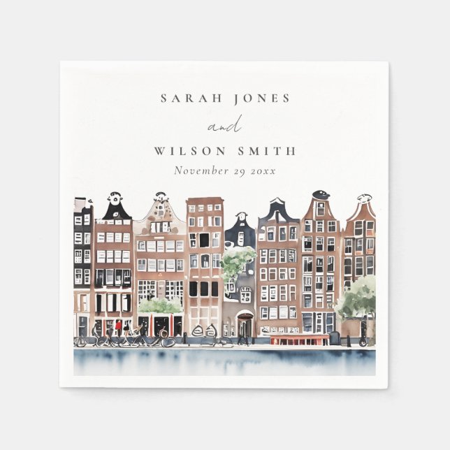 Amsterdam Dutch Canal Watercolor Landscape Wedding Napkin (Front)