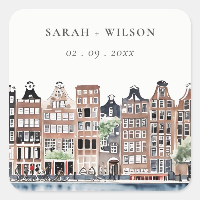 Amsterdam Dutch Canal Watercolor Landscape Wedding Square Sticker (Front)