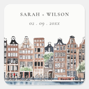 Amsterdam Dutch Canal Watercolor Landscape Wedding Square Sticker
