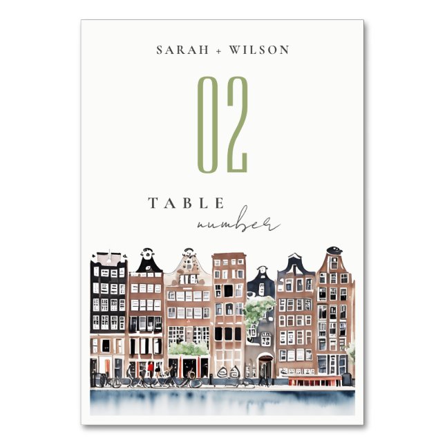 Amsterdam Dutch Canal Watercolor Landscape Wedding Table Number (Front)