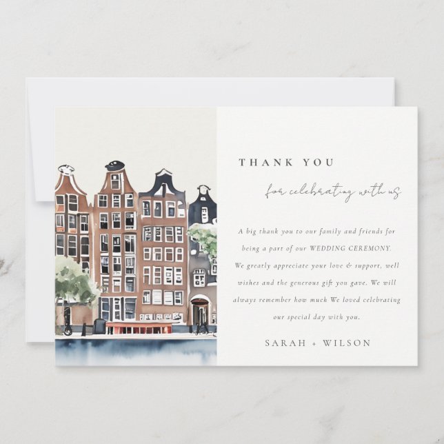 Amsterdam Dutch Canal Watercolor Landscape Wedding Thank You Card (Front)