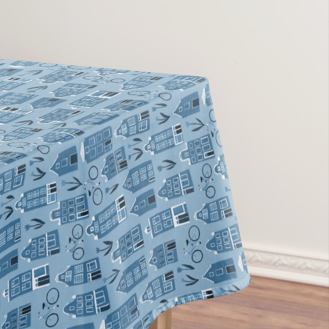 Amsterdam Dutch Houses Bikes Tulips Quirky Blue Tablecloth (In Situ)
