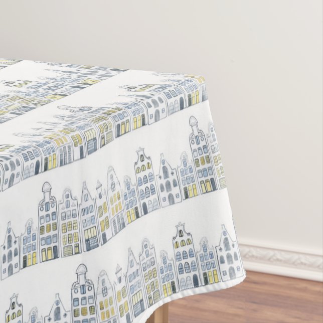 Amsterdam Dutch Houses Watercolor Village Tablecloth (In Situ)
