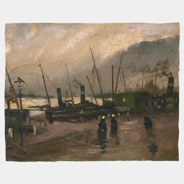 Amsterdam Fishermen's Harbour Storm by Vincent Gog Fleece Blanket (Front (Horizontal))