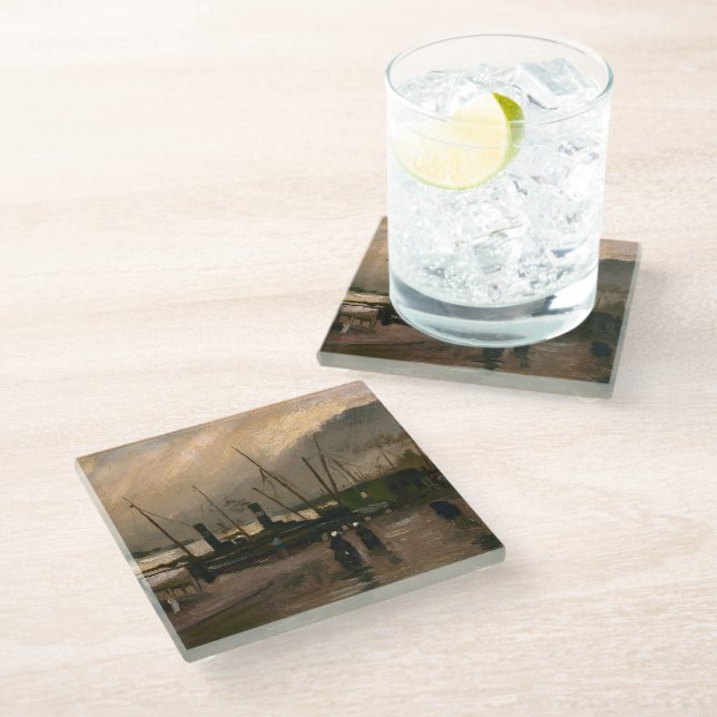 Amsterdam Fishermen's Harbour Storm by Vincent Gog Glass Coaster (Angled)