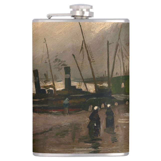 Amsterdam Fishermen's Harbour Storm by Vincent Gog Hip Flask (Front)