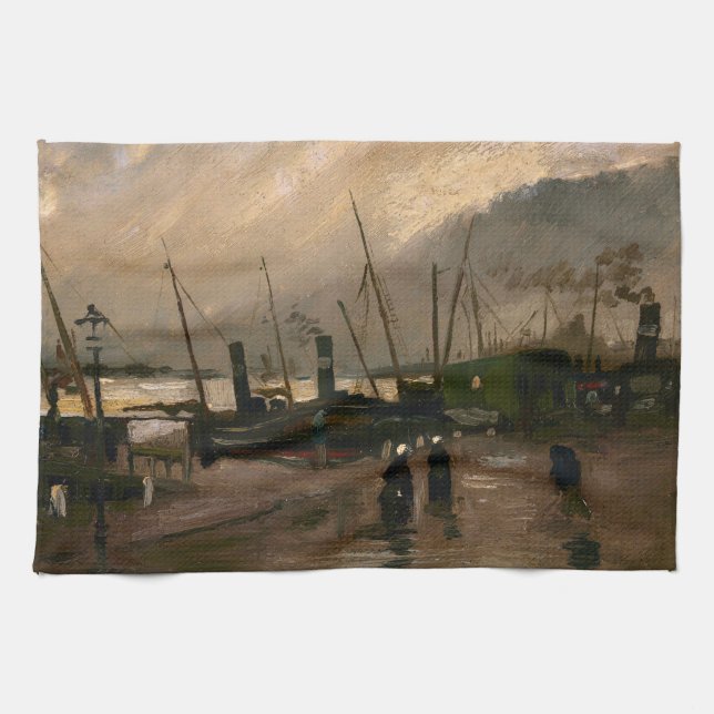 Amsterdam Fishermen's Harbour Storm by Vincent Gog Tea Towel (Horizontal)