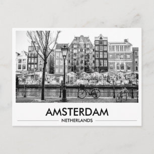 Amsterdam Flower Market Bikes Black & White Photo Postcard