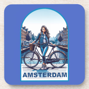 Amsterdam girl with bicycle on bridge coaster