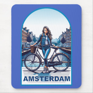 Amsterdam girl with bicycle on bridge mouse mat