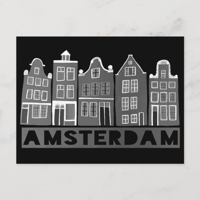 Amsterdam Holland Canal Houses Travel Black WHite Postcard (Front)