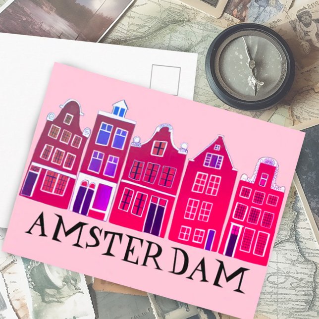 Amsterdam Holland Canal Houses Travel Europe Postcard (Cute Amsterdam canal houses custom pink postcard)