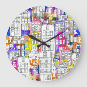 Amsterdam Houses: Watercolor Seamless Pattern Large Clock