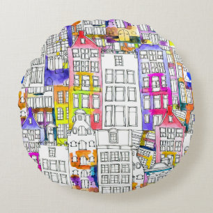 Amsterdam Houses: Watercolor Seamless Pattern Round Cushion