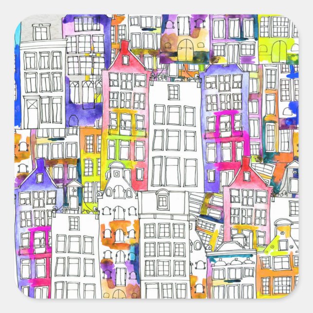 Amsterdam Houses: Watercolor Seamless Pattern Square Sticker (Front)