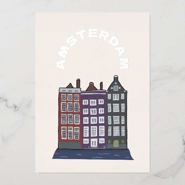 Amsterdam Iconic Architecture Art Illustration Foil Holiday Card (Front)