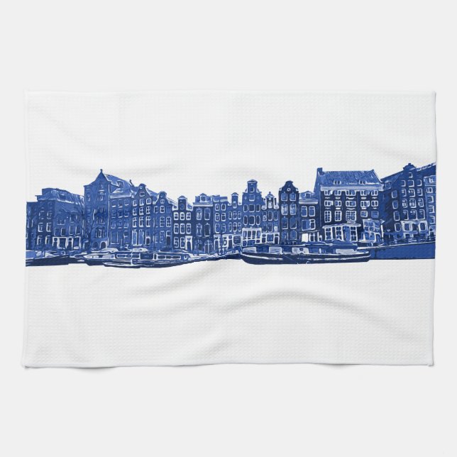 Amsterdam in blue Delftware style  Tea Towel (Horizontal)
