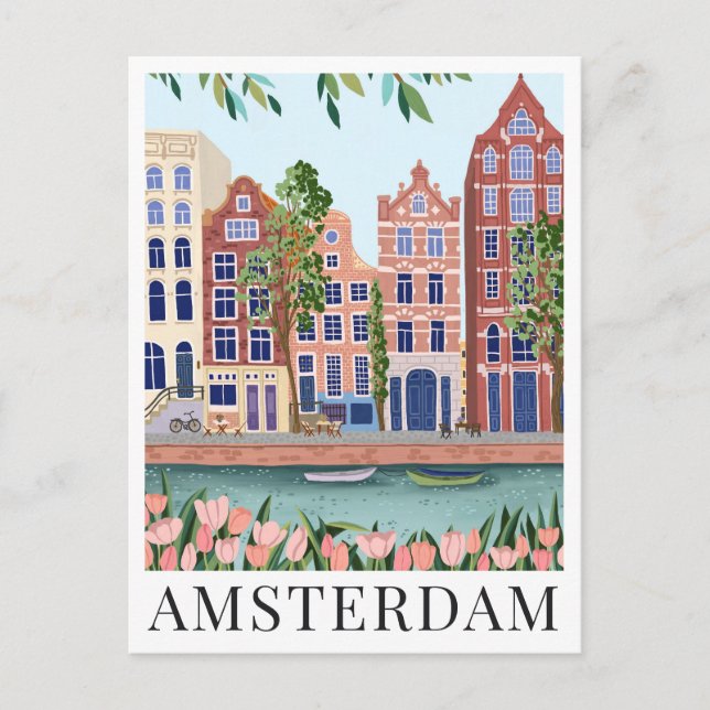 Amsterdam Lakeside Town View Travel Illustration Postcard (Front)