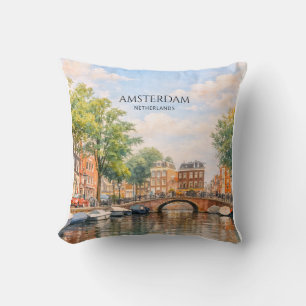 Amsterdam Netherlands Canal Colourful City Trave Cushion