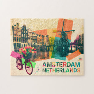 Amsterdam Netherlands Canal Vintage Pop Art Travel Jigsaw Puzzle
