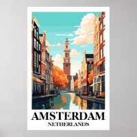 Amsterdam Netherlands Canal Vintage Travel Art