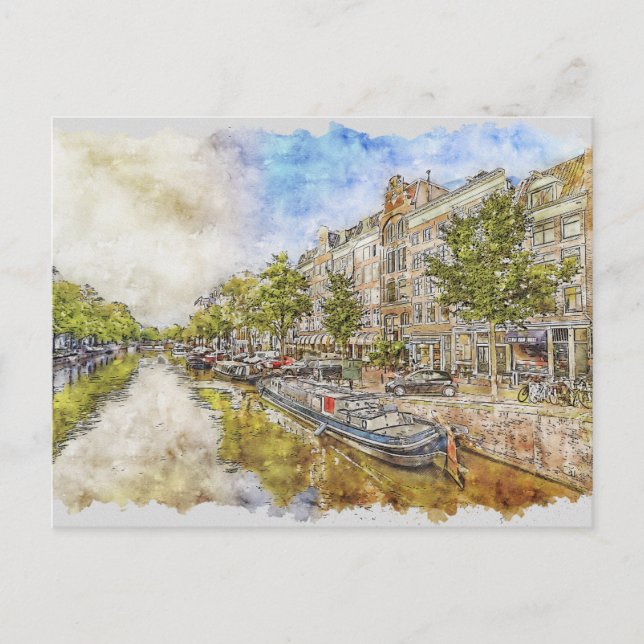 Amsterdam, Netherlands canal watercolour postcard (Front)