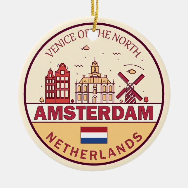 Amsterdam Netherlands City Skyline Emblem Ceramic Tree Decoration (Front)