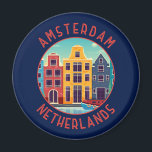 Amsterdam Netherlands Colourful Houses Distressed Magnet<br><div class="desc">Amsterdam retro vector travel design in an emblem style. It’s known for its artistic heritage,  elaborate canal system and narrow houses with gabled facades,  legacies of the city’s 17th-century Golden Age.</div>