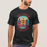 Amsterdam Netherlands Colourful Houses Distressed T-Shirt<br><div class="desc">Amsterdam retro vector travel design in an emblem style. It’s known for its artistic heritage, elaborate canal system and narrow houses with gabled facades, legacies of the city’s 17th-century Golden Age.</div>