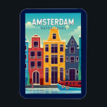 Amsterdam Netherlands Colourful Houses Travel Retr Magnet<br><div class="desc">Amsterdam retro vector travel design in an emblem style. It’s known for its artistic heritage,  elaborate canal system and narrow houses with gabled facades,  legacies of the city’s 17th-century Golden Age.</div>