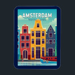 Amsterdam Netherlands Colourful Houses Travel Retr Magnet<br><div class="desc">Amsterdam retro vector travel design in an emblem style. It’s known for its artistic heritage,  elaborate canal system and narrow houses with gabled facades,  legacies of the city’s 17th-century Golden Age.</div>
