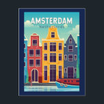 Amsterdam Netherlands Colourful Houses Travel Retr Postcard<br><div class="desc">Amsterdam retro vector travel design in an emblem style. It’s known for its artistic heritage,  elaborate canal system and narrow houses with gabled facades,  legacies of the city’s 17th-century Golden Age.</div>