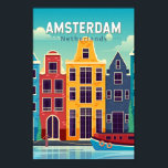 Amsterdam Netherlands Colourful Houses Travel Retr Poster<br><div class="desc">Amsterdam retro vector travel design in an emblem style. It’s known for its artistic heritage,  elaborate canal system and narrow houses with gabled facades,  legacies of the city’s 17th-century Golden Age.</div>