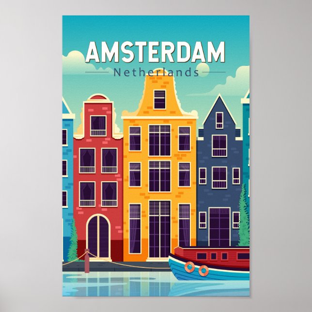 Amsterdam Netherlands Colourful Houses Travel Retr Poster (Front)