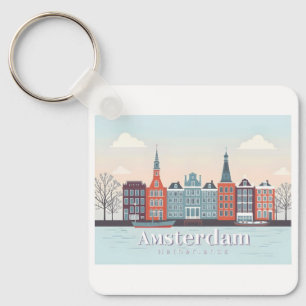 Amsterdam Netherlands Damrak Pastel Travel Key Ring