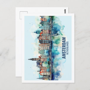 Amsterdam Netherlands Famous Travel Watercolor Postcard